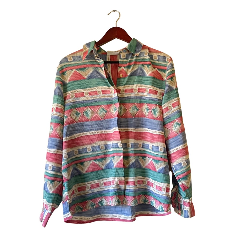 Vintage Boho Women's Long‎ Sleeve Button Front Blouse Geometric Print Size 12